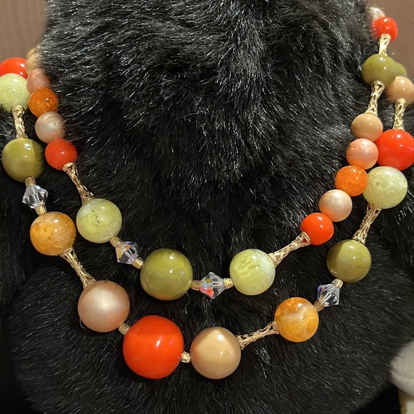 Vintage Double Strand Autumn Colors and Gold Accent Bead Necklace - Picture 2 of 16